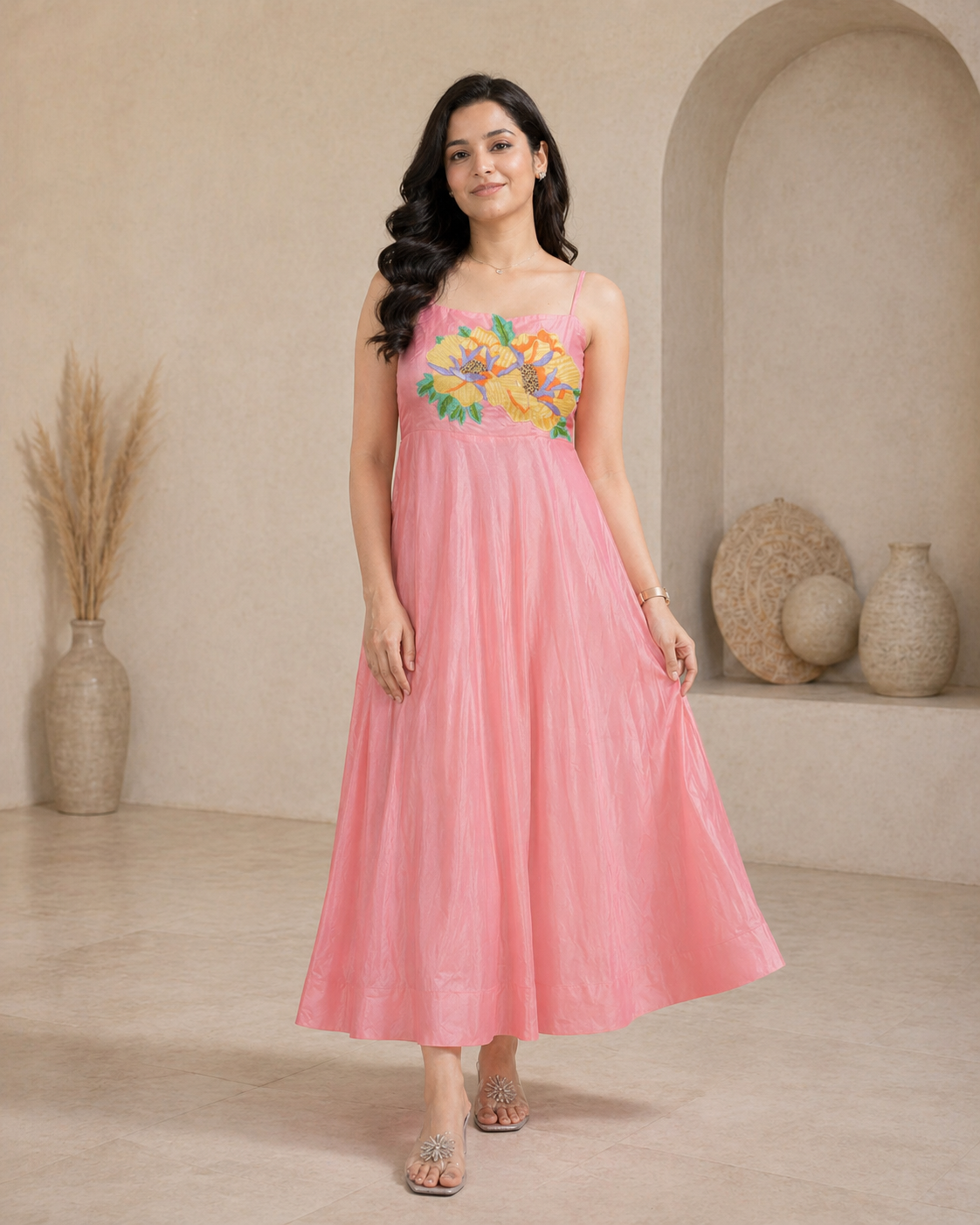 Floral raw silk Frock with hand embroidery styling