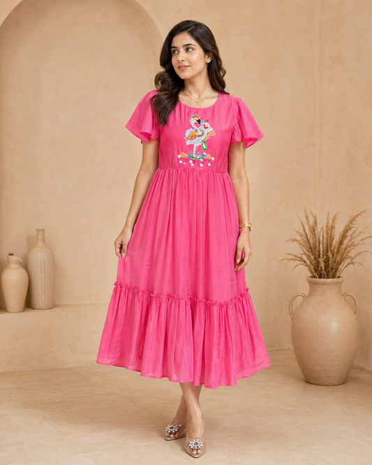 Mul mul chanderi frock with ruffle sleeves and hand emdroidery