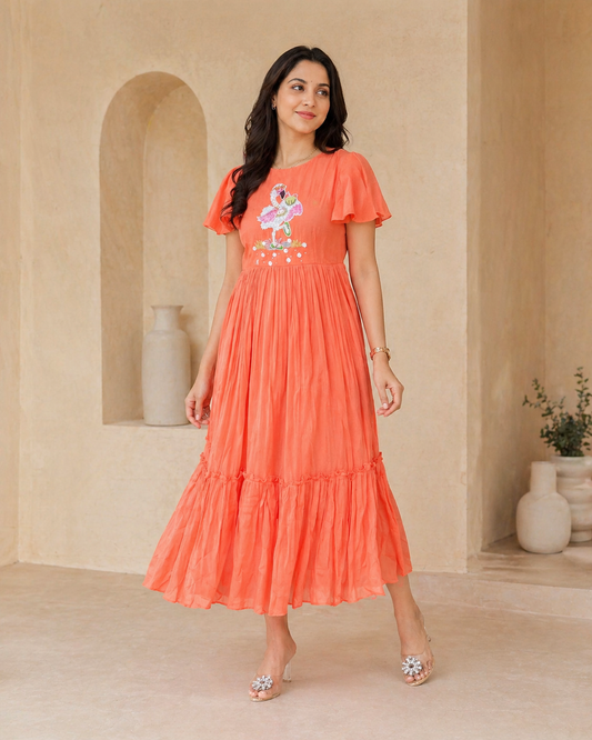 Mul mul chanderi frock with ruffle sleeves and hand emdroidery