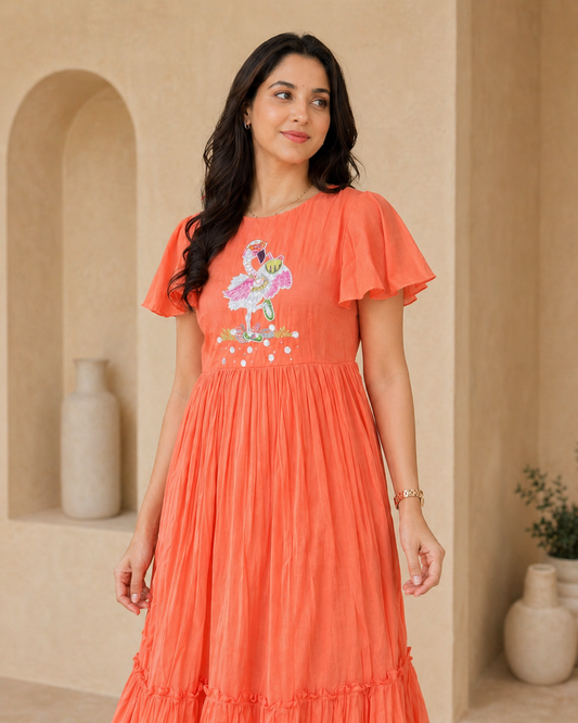 Mul mul chanderi frock with ruffle sleeves and hand emdroidery