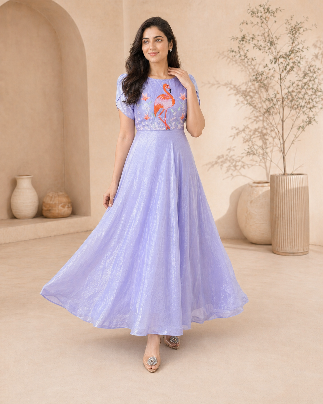 Blue glass tissue frock with hand embroidery styling