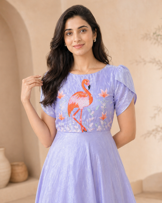 Blue glass tissue frock with hand embroidery