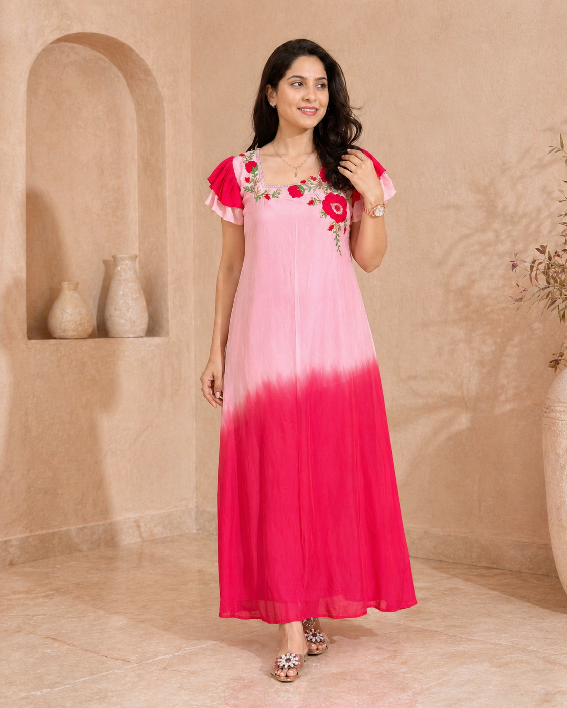 Dual shade embroidery frock with two layered ruuffle sleeves styling