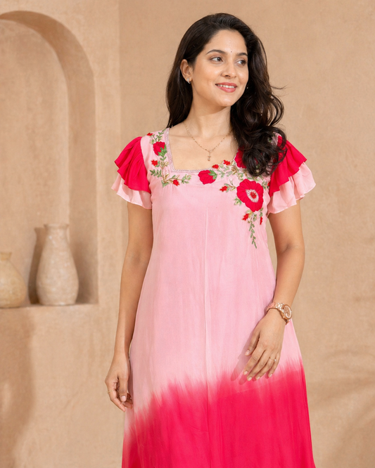 Dual shade embroidery frock with two layered ruuffle sleeves