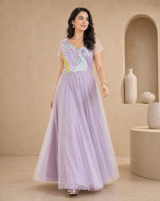 Sequins with swan motif hand embroidery Frock