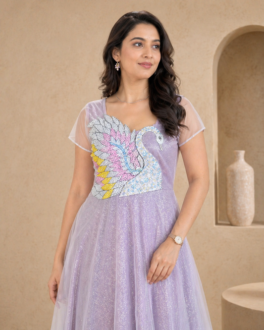 Sequins with swan motif hand embroidery Frock