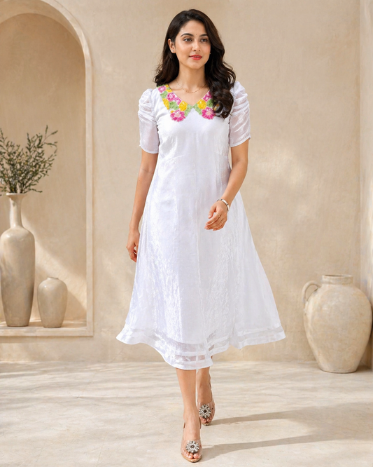 Ivory glass tissue frock with hand  embroidery