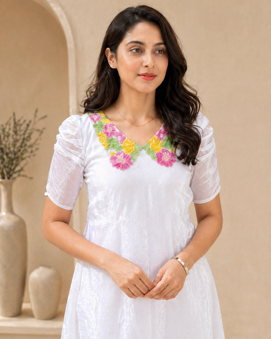 Ivory glass tissue frock with hand  embroidery