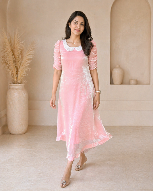 Peach glass tissue frock with hand embroidery