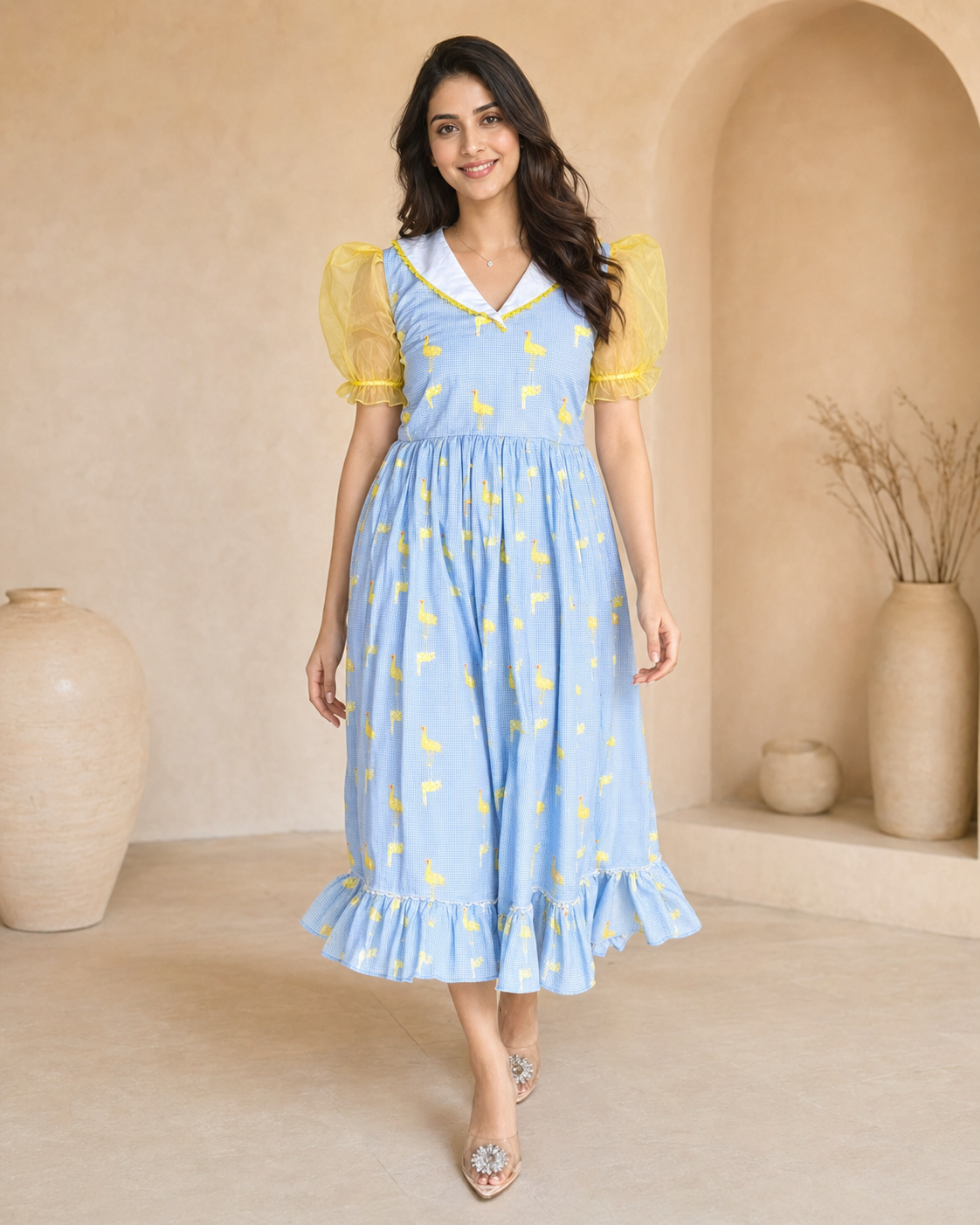 Powder blue cotton frock with swan motif thread work