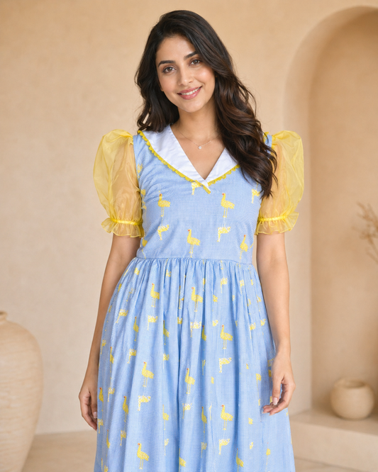 Powder blue cotton frock with swan motif thread work