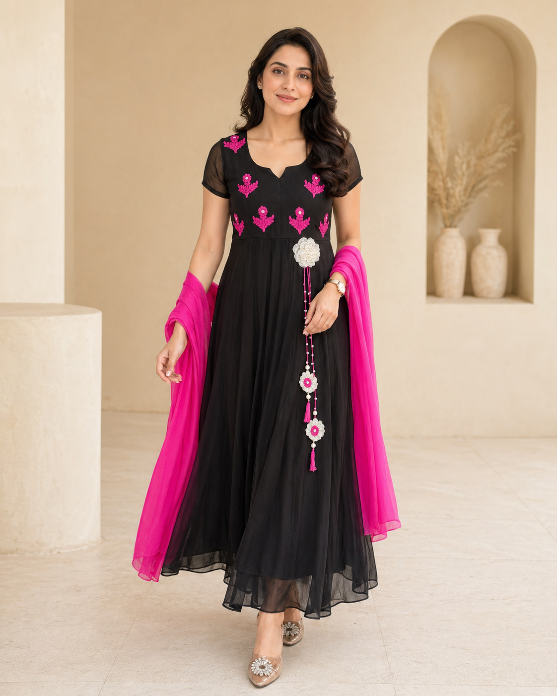 Black frock with pink thread work and plain dupatta