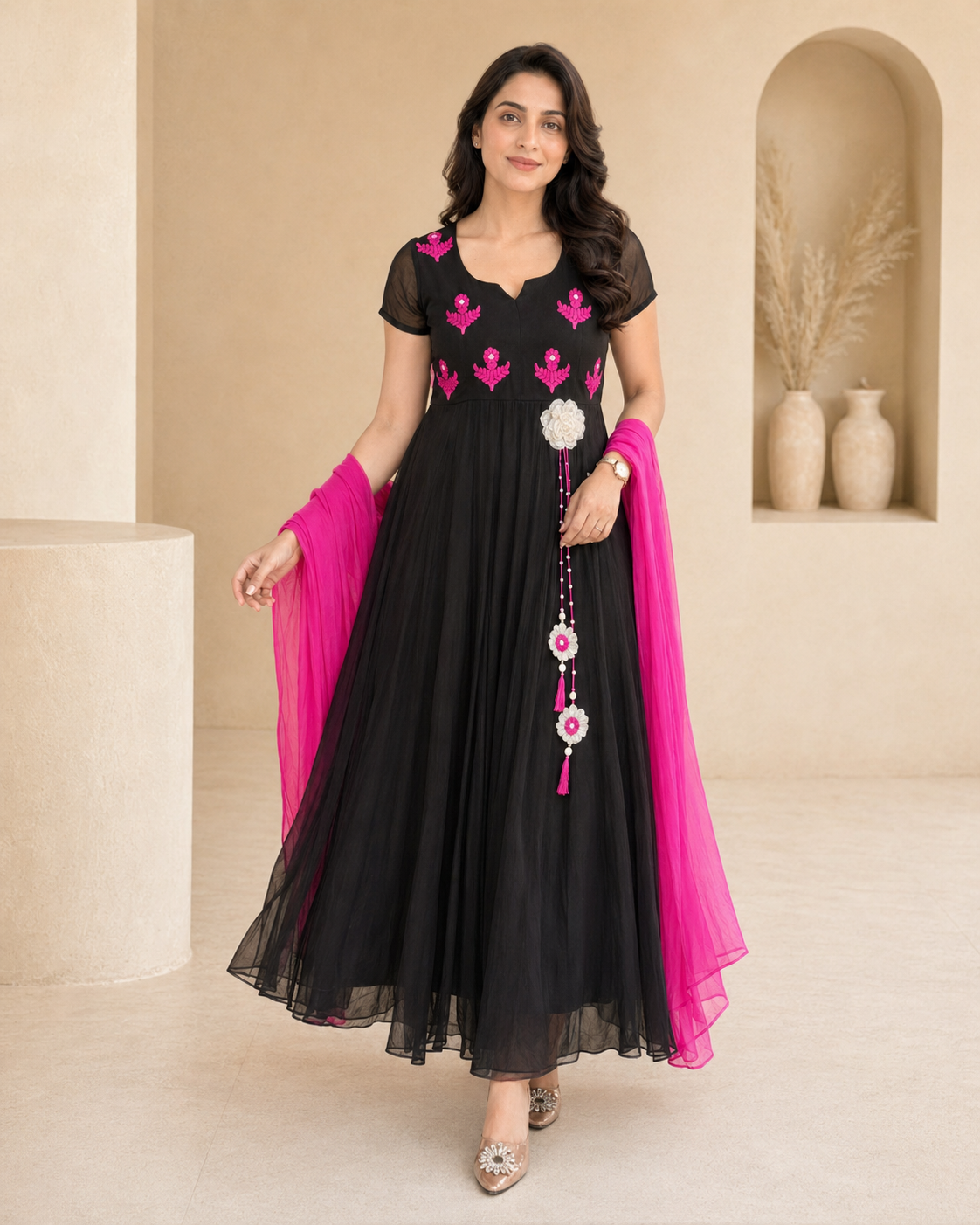 Black frock with pink thread work and plain dupatta styling