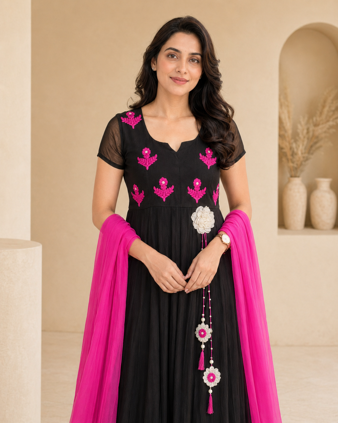 Black frock with pink thread work and plain dupatta detail