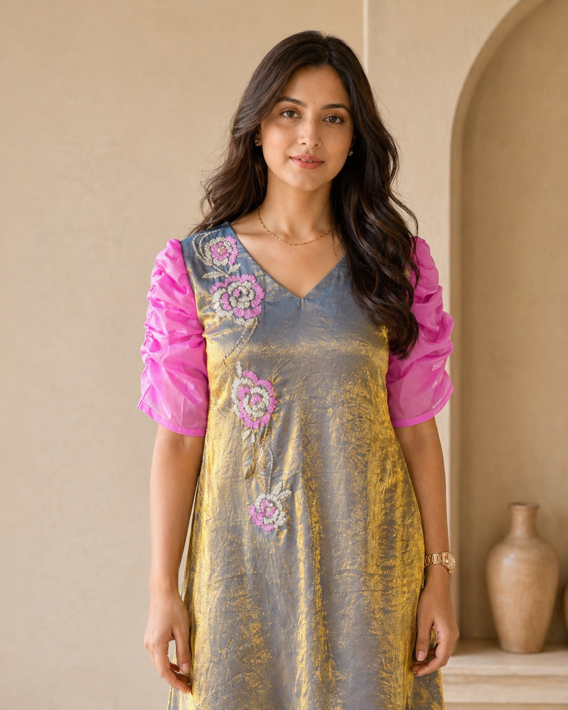Glass tissue frock with hand embroidery detailing detail
