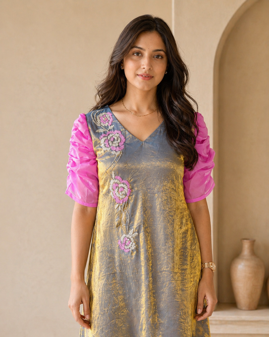 Glass tissue frock with hand embroidery detailing