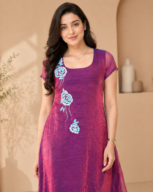 Wine glass tissue pink frock with hand embroidery motif