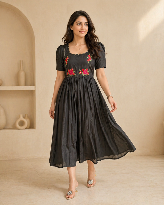 Black silk frock with hand embroidery