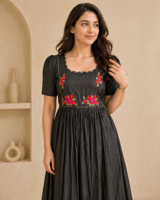 Black silk frock with hand embroidery