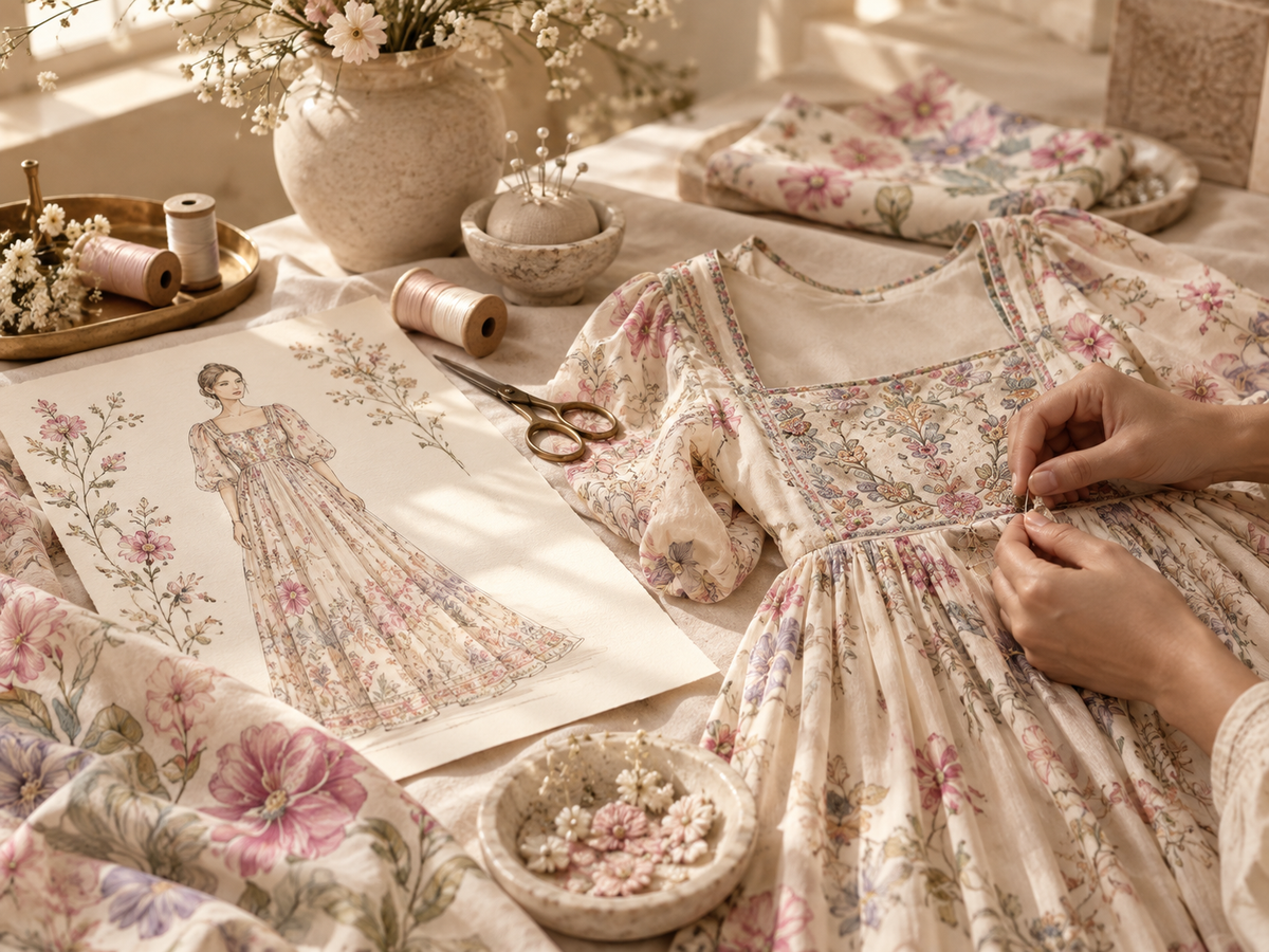 Nirvana-inspired artisanal dressmaking and floral design process