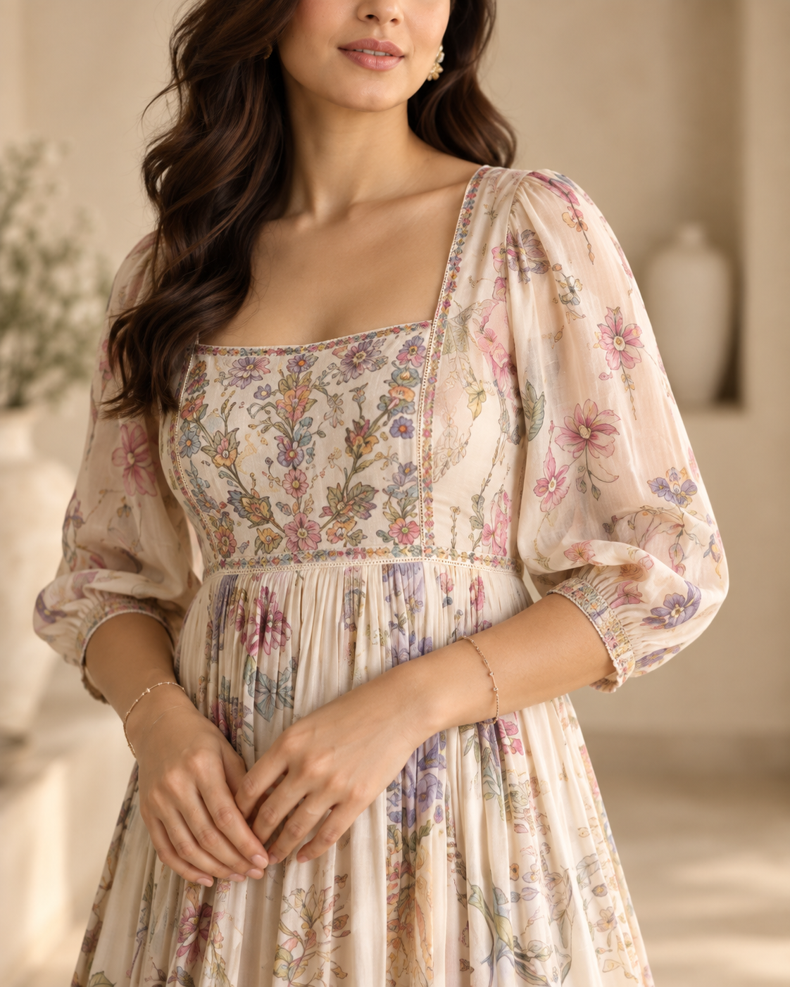 Nirvana floral dress editorial detail in warm neutral lighting