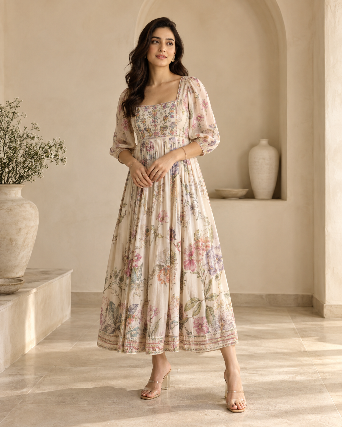 Nirvana editorial fashion styling in a warm neutral studio